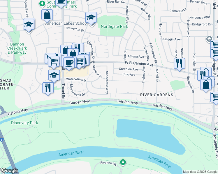 map of restaurants, bars, coffee shops, grocery stores, and more near 2237 Sandcastle Way in Sacramento