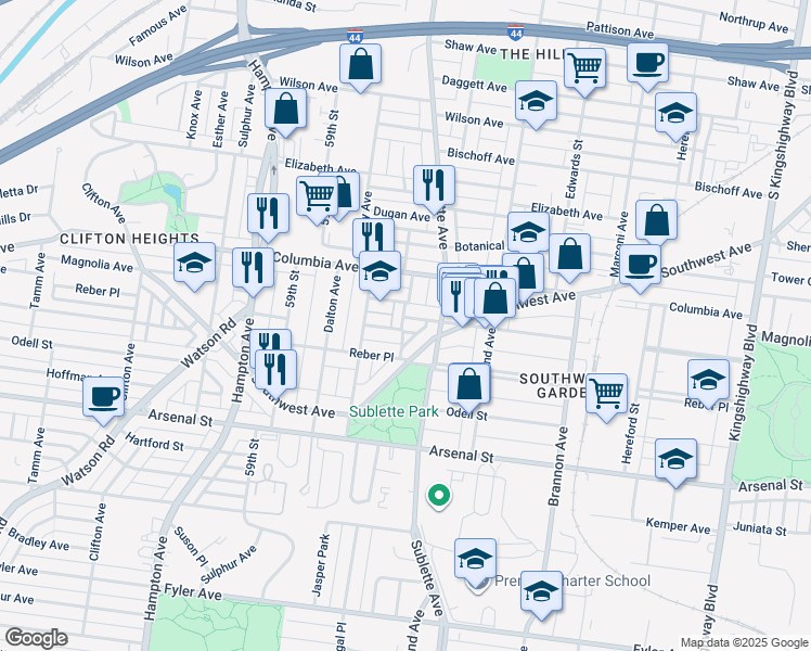 map of restaurants, bars, coffee shops, grocery stores, and more near 5534 Magnolia Ave in St Louis