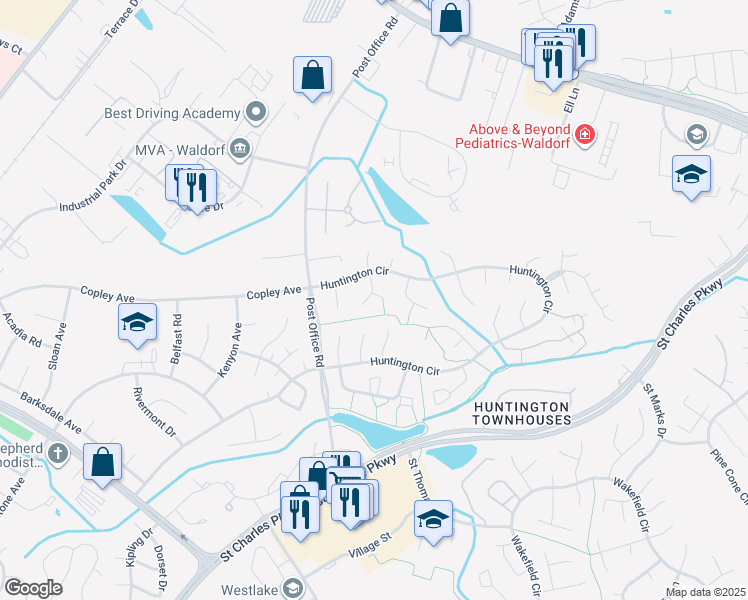 map of restaurants, bars, coffee shops, grocery stores, and more near 3043 Blackland Court in Waldorf