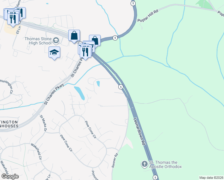 map of restaurants, bars, coffee shops, grocery stores, and more near 12469 Turtle Dove Place in Waldorf