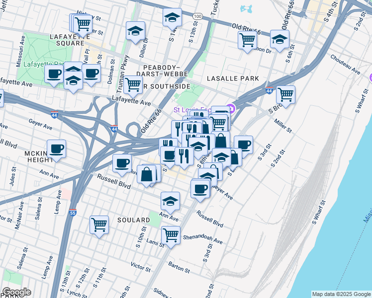 map of restaurants, bars, coffee shops, grocery stores, and more near 904 Soulard Street in St. Louis