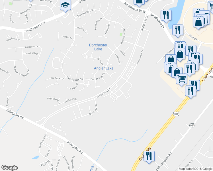 map of restaurants, bars, coffee shops, grocery stores, and more near 5813 Opaleye Court in Waldorf