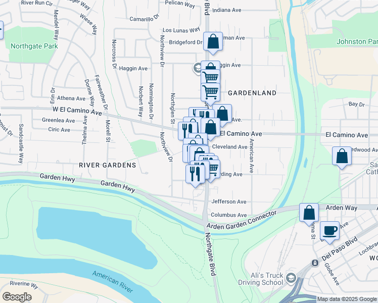 map of restaurants, bars, coffee shops, grocery stores, and more near 2369 Northgate Boulevard in Sacramento