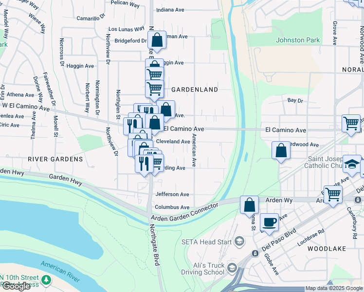 map of restaurants, bars, coffee shops, grocery stores, and more near 440 Cleveland Avenue in Sacramento
