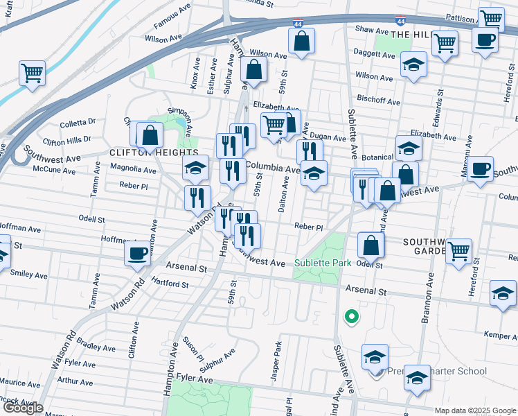 map of restaurants, bars, coffee shops, grocery stores, and more near 2702 59th Street in St. Louis
