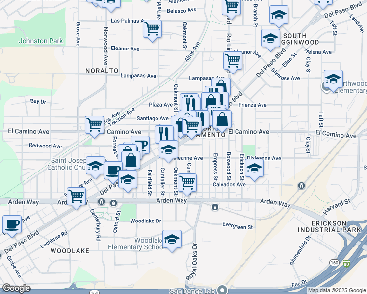 map of restaurants, bars, coffee shops, grocery stores, and more near 2200 Del Paso Boulevard in Sacramento