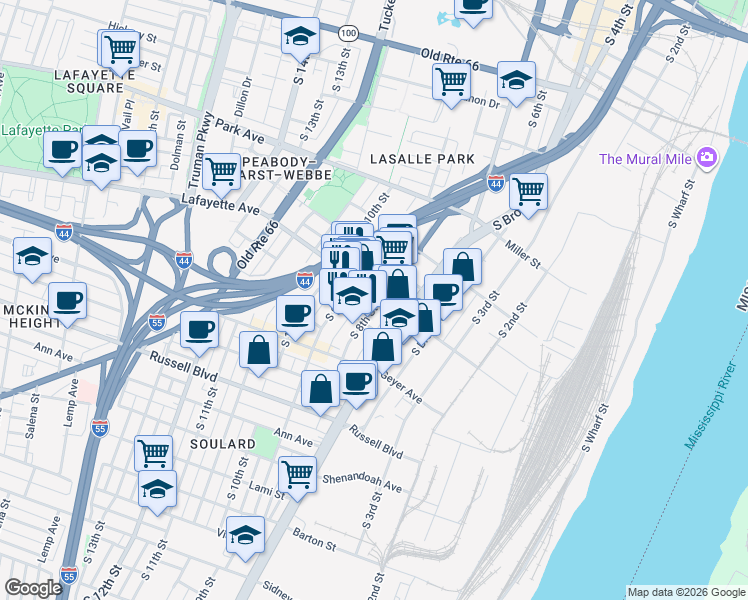 map of restaurants, bars, coffee shops, grocery stores, and more near 1718 South 8th Street in St. Louis