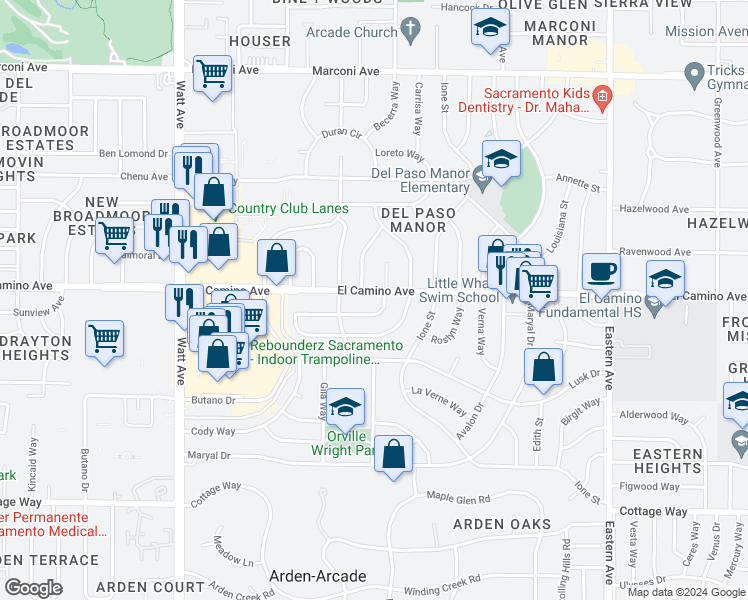 map of restaurants, bars, coffee shops, grocery stores, and more near 3824 El Camino Avenue in Sacramento