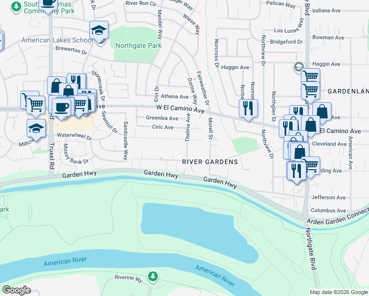 map of restaurants, bars, coffee shops, grocery stores, and more near 2317 Thelma Avenue in Sacramento