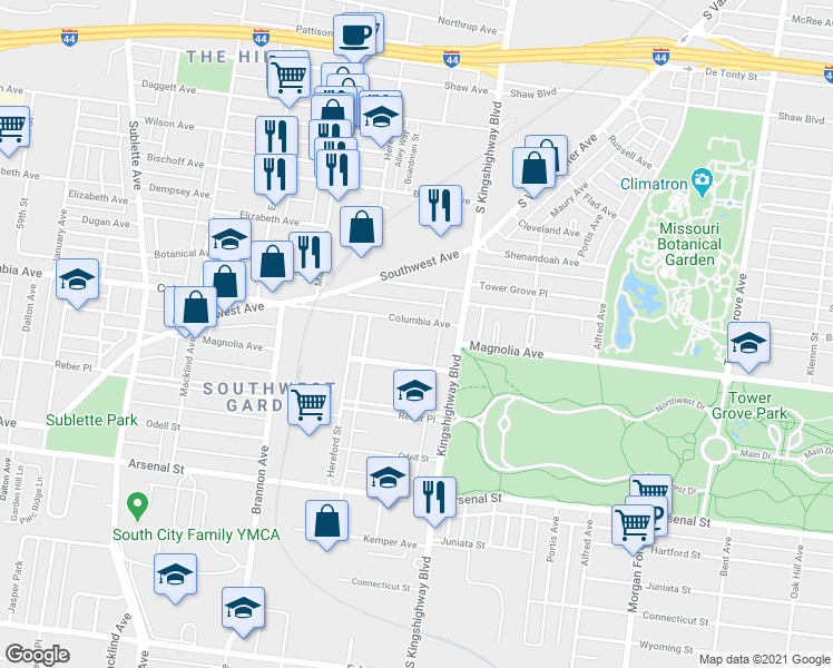 map of restaurants, bars, coffee shops, grocery stores, and more near 4944 Columbia Avenue in St. Louis