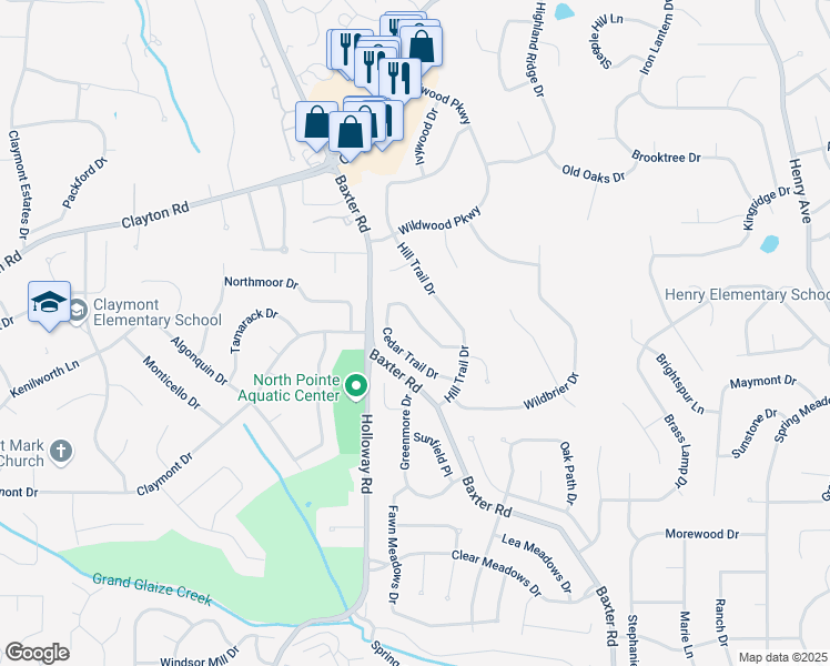 map of restaurants, bars, coffee shops, grocery stores, and more near 240 Aspen Trail Drive in Ballwin