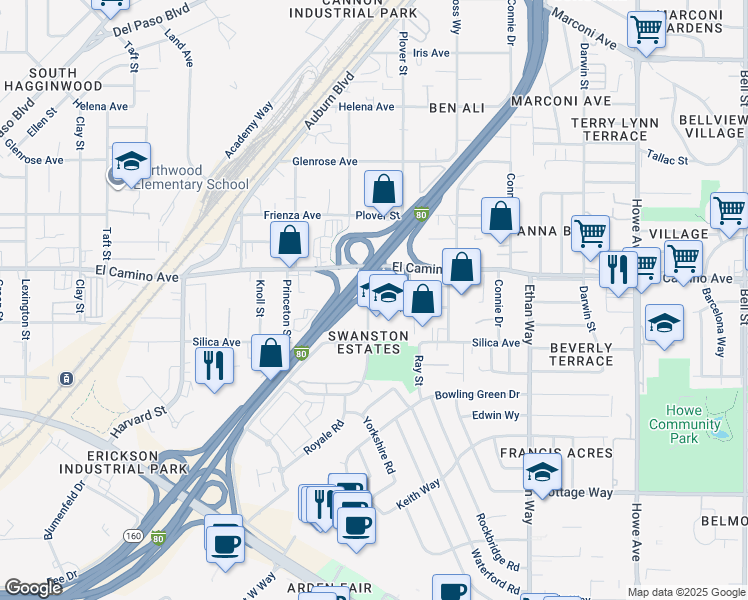 map of restaurants, bars, coffee shops, grocery stores, and more near 1705 Woolley Way in Sacramento