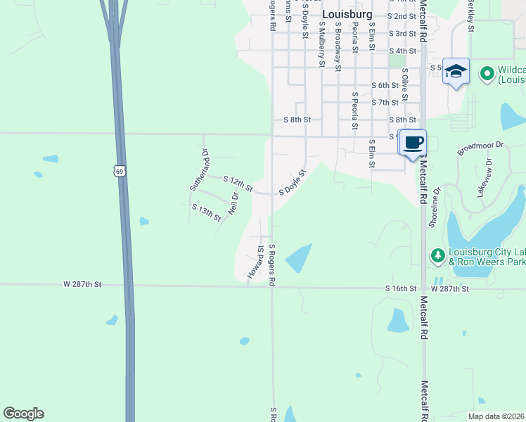 map of restaurants, bars, coffee shops, grocery stores, and more near 1301 Howard Street in Louisburg
