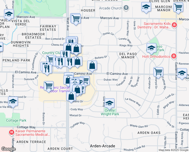 map of restaurants, bars, coffee shops, grocery stores, and more near 3702 El Camino Avenue in Sacramento