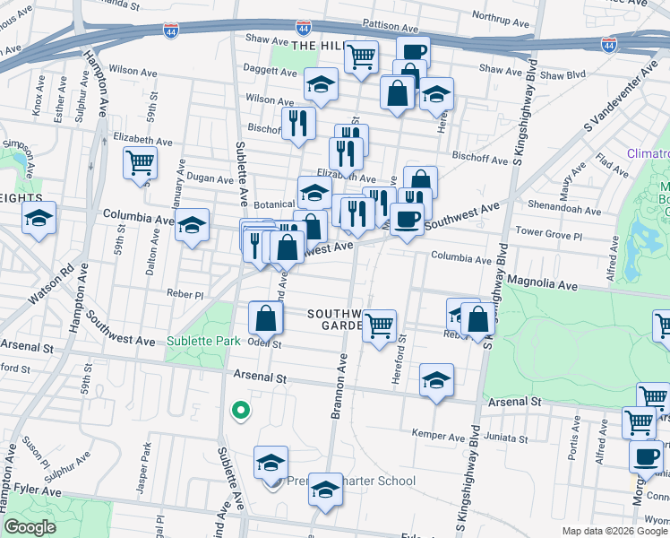 map of restaurants, bars, coffee shops, grocery stores, and more near 5323 Magnolia Avenue in St. Louis