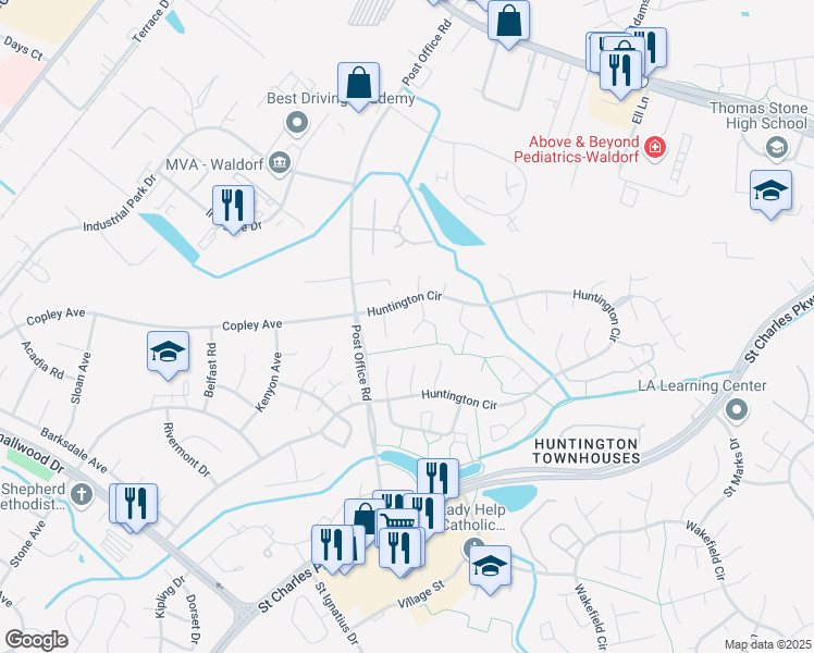 map of restaurants, bars, coffee shops, grocery stores, and more near 3033 Blackland Court in Waldorf