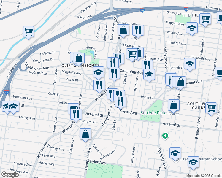 map of restaurants, bars, coffee shops, grocery stores, and more near in St. Louis