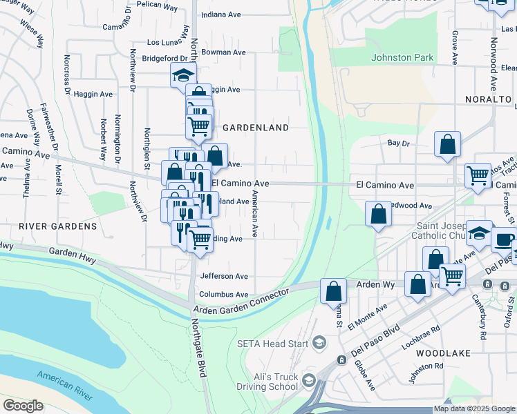 map of restaurants, bars, coffee shops, grocery stores, and more near 2390 American Avenue in Sacramento