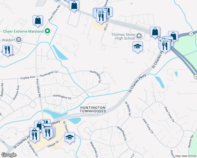 map of restaurants, bars, coffee shops, grocery stores, and more near 3159 Huntington Circle in Waldorf