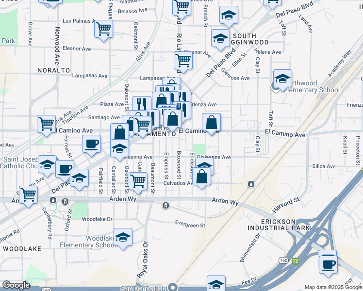 map of restaurants, bars, coffee shops, grocery stores, and more near 2440 Boxwood Street in Sacramento