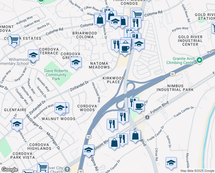 map of restaurants, bars, coffee shops, grocery stores, and more near 2442 Rashawn Drive in Rancho Cordova