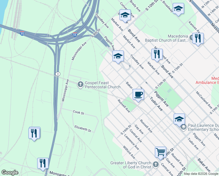 map of restaurants, bars, coffee shops, grocery stores, and more near 1225 Russell Avenue in East St. Louis