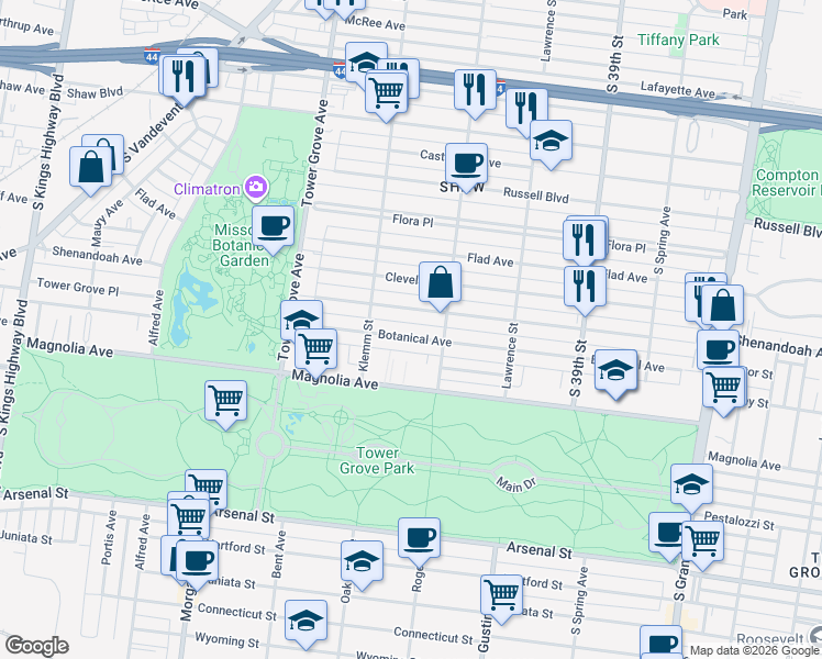 map of restaurants, bars, coffee shops, grocery stores, and more near 4153 Botanical Avenue in St. Louis