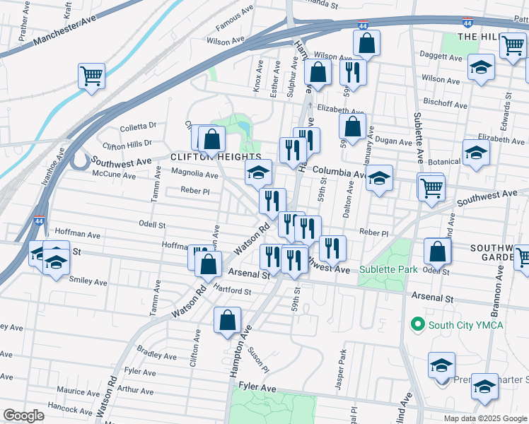 map of restaurants, bars, coffee shops, grocery stores, and more near 6031 Southwest Avenue in St. Louis