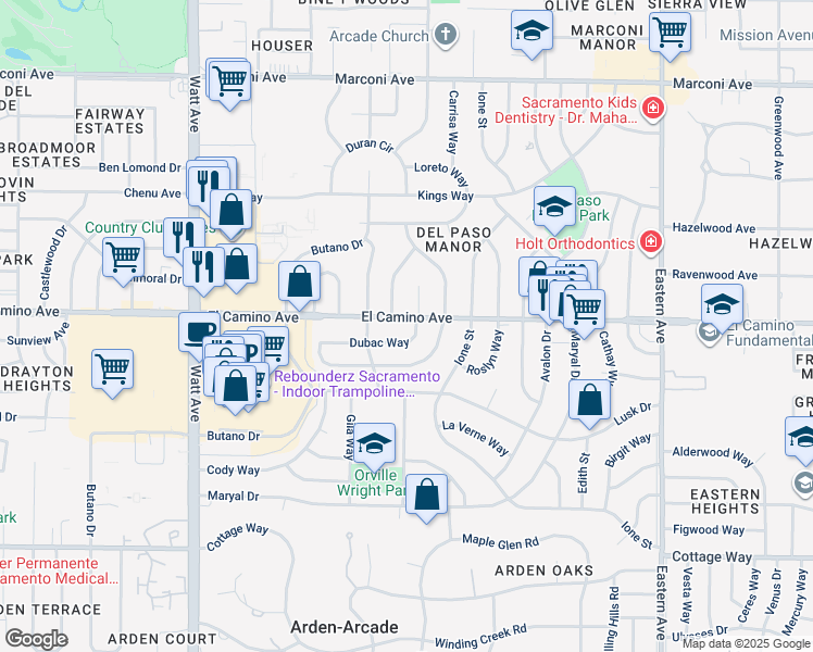 map of restaurants, bars, coffee shops, grocery stores, and more near 3826 El Camino Avenue in Sacramento