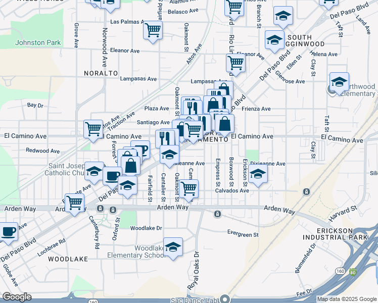 map of restaurants, bars, coffee shops, grocery stores, and more near 2200 Del Paso Boulevard in Sacramento