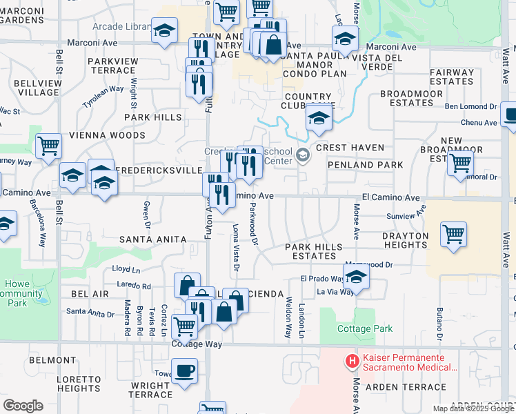 map of restaurants, bars, coffee shops, grocery stores, and more near 2443 Sandringham Road in Sacramento
