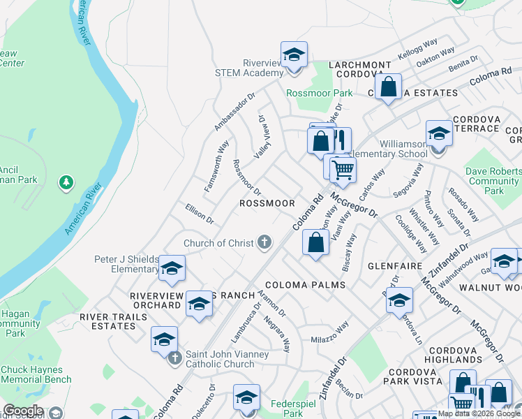 map of restaurants, bars, coffee shops, grocery stores, and more near 2228 Rossmoor Drive in Rancho Cordova