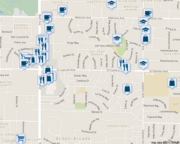map of restaurants, bars, coffee shops, grocery stores, and more near 3836 Dubac Way in Sacramento
