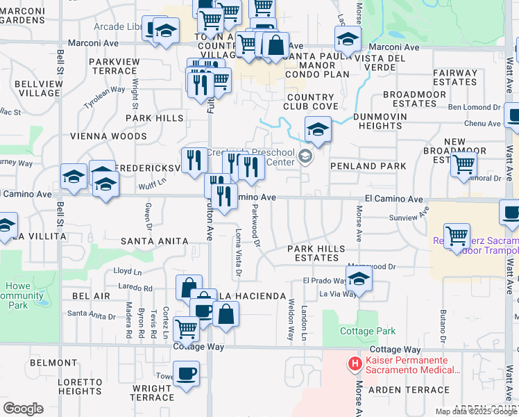 map of restaurants, bars, coffee shops, grocery stores, and more near 2443 Sandringham Road in Sacramento