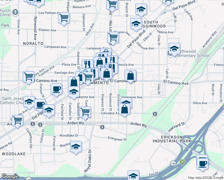 map of restaurants, bars, coffee shops, grocery stores, and more near 2440 Boxwood Street in Sacramento