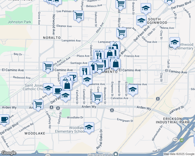 map of restaurants, bars, coffee shops, grocery stores, and more near 2200 Del Paso Boulevard in Sacramento