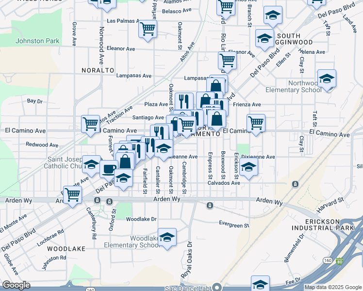 map of restaurants, bars, coffee shops, grocery stores, and more near 2200 Del Paso Boulevard in Sacramento