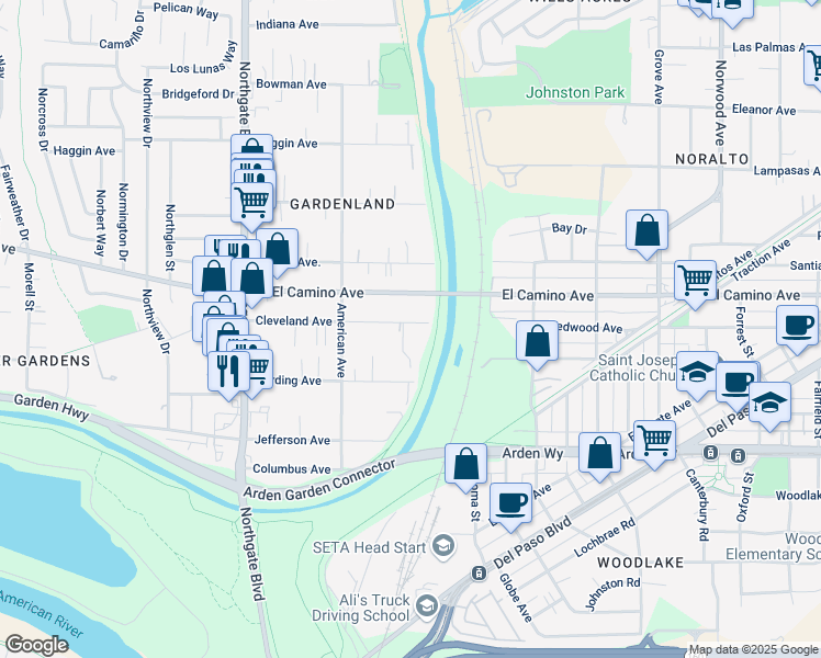 map of restaurants, bars, coffee shops, grocery stores, and more near 210 Cleveland Avenue in Sacramento