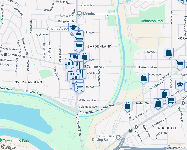 map of restaurants, bars, coffee shops, grocery stores, and more near 440 Cleveland Avenue in Sacramento