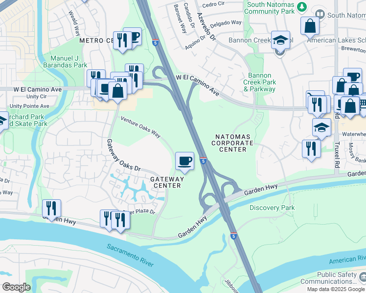 map of restaurants, bars, coffee shops, grocery stores, and more near 2473-2475 Venture Oaks Way in Sacramento