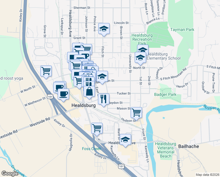 map of restaurants, bars, coffee shops, grocery stores, and more near 208 Fitch Street in Healdsburg