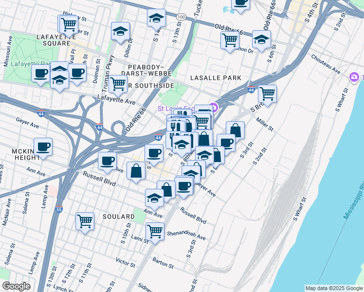 map of restaurants, bars, coffee shops, grocery stores, and more near 1718 South 8th Street in St. Louis