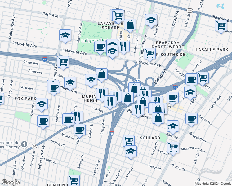 map of restaurants, bars, coffee shops, grocery stores, and more near 1809 Allen Avenue in St. Louis