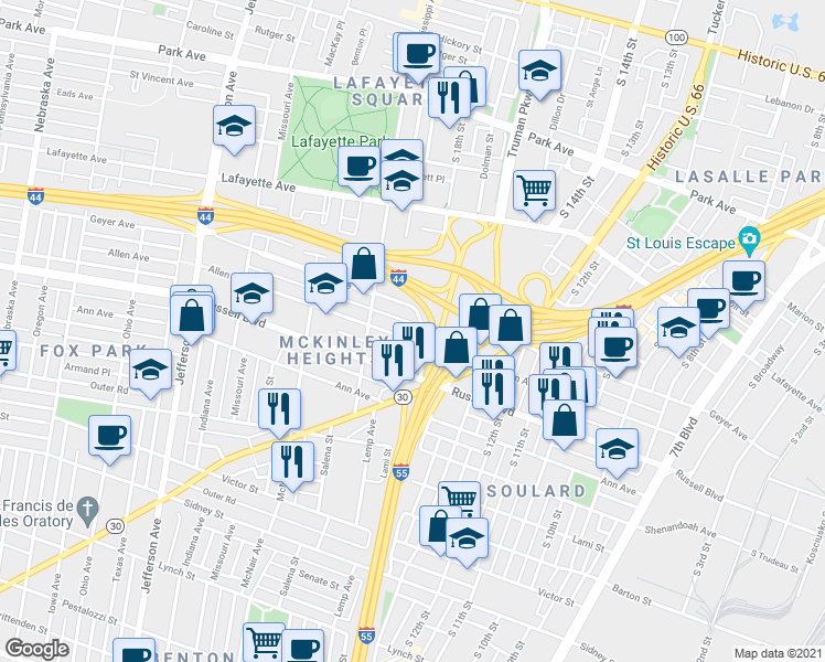 map of restaurants, bars, coffee shops, grocery stores, and more near 1809 Allen Avenue in St. Louis
