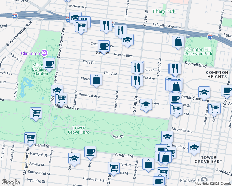 map of restaurants, bars, coffee shops, grocery stores, and more near 2321 Lawrence Street in St. Louis