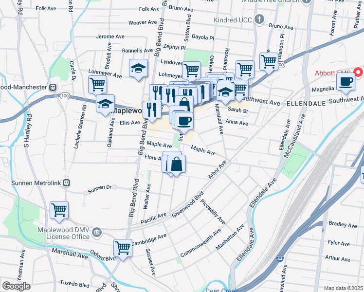 map of restaurants, bars, coffee shops, grocery stores, and more near 7386 Maple Avenue in Maplewood