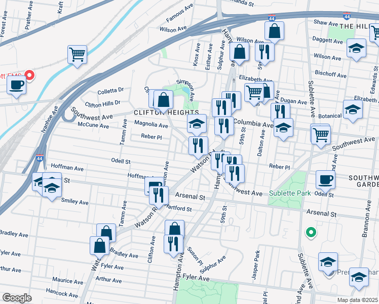 map of restaurants, bars, coffee shops, grocery stores, and more near 6025 Marmaduke Ave in St Louis