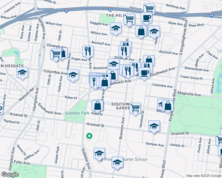 map of restaurants, bars, coffee shops, grocery stores, and more near 5363 Magnolia Avenue in St. Louis