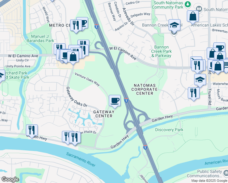 map of restaurants, bars, coffee shops, grocery stores, and more near 2520 Venture Oaks Way in Sacramento