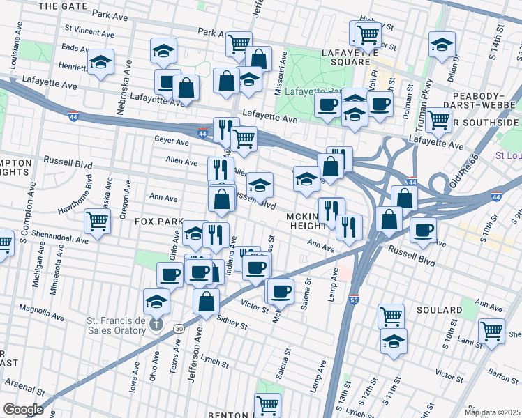 map of restaurants, bars, coffee shops, grocery stores, and more near 2156 Russell Boulevard in St. Louis